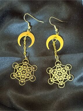 Gold Crescent & Sacred Geometry Metatron Drop Earrings
